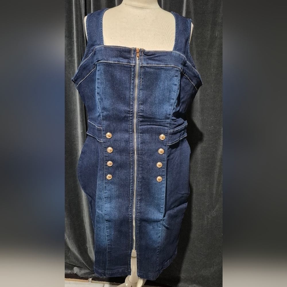 VENUS Dark Blue Denim Dress with Gold Accents